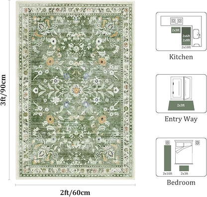 Yamaziot Washable Runner Rug 2x3 – Floral Non Slip Small Entryway Rug with Rubber Backing, Low Pile Faux Wool Distressed Carpet for Indoor Door Mat, Kitchen, Laundry Entrance, Green