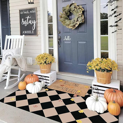 Black Tan Checkered Entry Rug - 3x5 Ft Non-Slip Washable Indoor Outdoor Front Door Mat Porch Rug Geometric Diamond Throw Carpet for Living Room Bedroom Entryway Kitchen Office Porch Decor