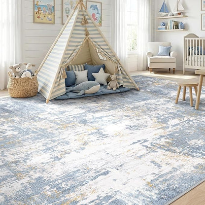 Washable Area Rugs 8'x10' Non-Slip Modern Abstract Soft for Living Room Entryway Bedroom Nursery, Print Pattern, Light Blue