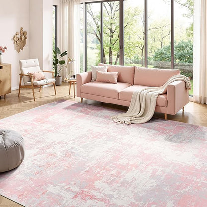 Rugflix 5x7 Area Rugs for Living Room, Washable Large Rug Stain-Resistant Low Pile, Modern Carpet for Dining Room Home Office Kid Room Nursery Bedroom, Pink Grey
