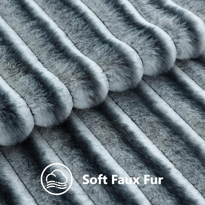 decorUhome Cozy Faux Fur Throw Pillow Covers 18x18 Set of 2 Decorative Soft Plush Striped Modern Farmhouse Boho Couch Pillow Cases with Velvet Back for Sofa Bed Living Room, Blue Grey