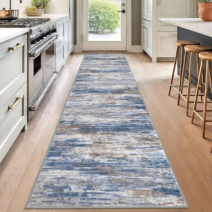 KOZYFLY Modern Abstract Washable Rug Runner 2.6x12 Hallway Rug Runner Non-Slip Soft Kitchen Runner Rugs, Blue Rust Striped Carpet for Entryway Bathroom Laundry Room Foyer