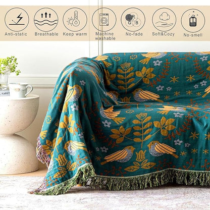 MSGKV Boho Throw Blanket 50"x60" Cotton Blanket for Couch and Sofa Cover for Living Room Spring Throw Decorative Woven Bird Blankets