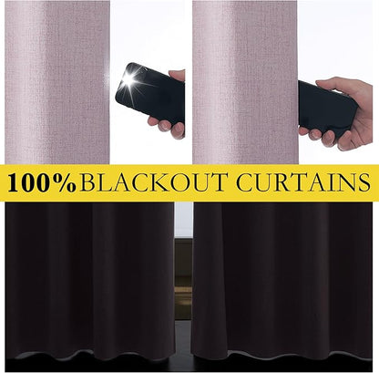 NICETOWN Pink Vintage Linen 100% Blackout Curtains for Living Room, Thermal Insulated Curtains 90" Long, Noise Reducing Window Treatment Drapes for Hall Room, 42" Wide Per Panel, Set of 2