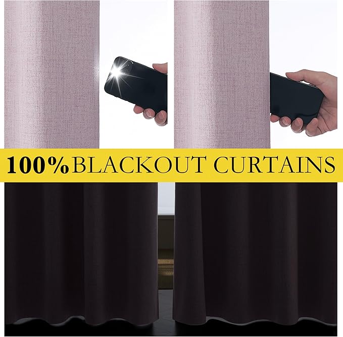 NICETOWN Pink Vintage Linen 100% Blackout Curtains for Living Room, Thermal Insulated Curtains 63" Long, Noise Reducing Window Treatment Drapes for Hall Room, 52" Wide Per Panel, Set of 2