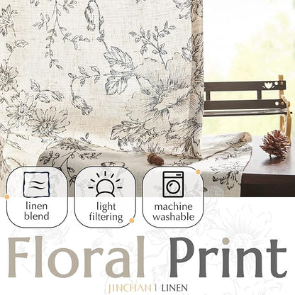 jinchan Linen Floral Curtains 84 Inch Length for Living Room Bedroom Light Filtering Farmhouse Peony Flower Drapes Rustic Window Curtain Set Rod Pocket Back Tab 2 Panels Black