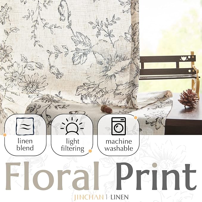 jinchan Linen Floral Curtains 63 Inch Length for Living Room Bedroom Light Filtering Farmhouse Peony Flower Drapes Rustic Window Curtain Set Rod Pocket Back Tab 2 Panels Black