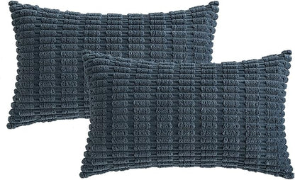 MIULEE Pack of 2 Corduroy Decorative Lumbar Throw Pillow Covers 20x12 Inch Soft Boho Striped Pillow Covers Modern Farmhouse Home Decor for Summer Coastal Sofa Living Room Couch Bed Blue