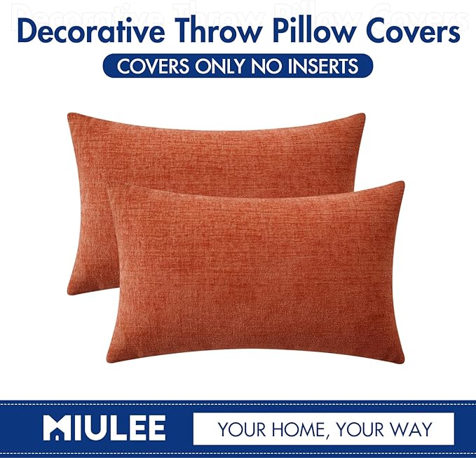 MIULEE Pack of 2 Couch Throw Pillow Covers 12x20 Inch Soft Burnt Orange Chenille Lumbar Pillow Covers for Sofa Living Room Solid Dyed Cases
