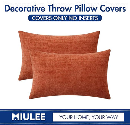 MIULEE Pack of 2 Couch Throw Pillow Covers 12x20 Inch Soft Burnt Orange Chenille Lumbar Pillow Covers for Sofa Living Room Solid Dyed Cases