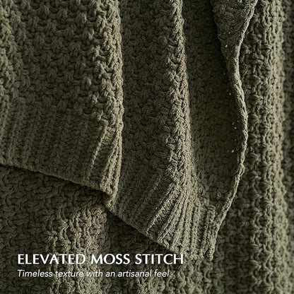 EVERGRACEHOME Chunky Chenille Knit Throw Blanket for Couch, Soft Luxurious Oversized Queen Moss Stitch Blanket for Bed, Cozy Farmhouse Knitted Throw for Sofa, Olive Green, 90" x 90"