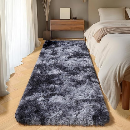 ONASAR Runner Rugs for Bedroom Living Room, Fluffy Tie-Dyed Dark Grey 2x6 Bedside Hallway Area Rug, Ultra Soft Plush Furry Faux Fur Non Slip Floor Carpet for Nursery Kids Dorm Closet Home Decor