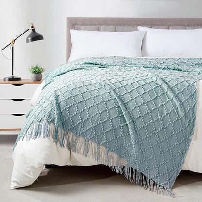 BOURINA Aqua Throw Blanket 50 x70 Inches Jacquard Argyle Throw Textured Solid Soft Throws and Blankets for Sofa or Bed Knitted Decorative Blanket