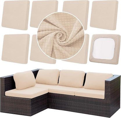 8Pcs Outdoor Cushion Covers, Patio Cushion Covers,Stretch Elastic Slipcovers, Replacement Washable & Reusable Furniture Protector for Patio Couch,Thick Jacquard Fabric(Beige, Cover Only)