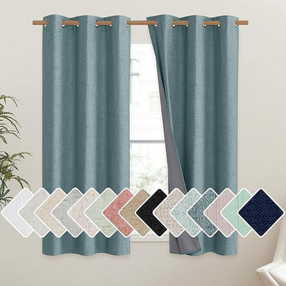 NICETOWN 100% Absolutely Blackout Linen Curtains with Thermal Insulated Liner, Skylark Blue, 42" Wide, 54" Length Energy Saving Curtains for Dining Room 2 Panels Set, Vertical Blinds