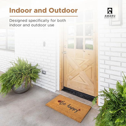 Be Happy - 17"x29" - Coir Door Mat with Heavy Duty Backing - Welcome Mats for Entryway, Porch - Anti-Slip PVC & Coconut Fiber Surface - Natural Home Accessories, Minimalist Original Design