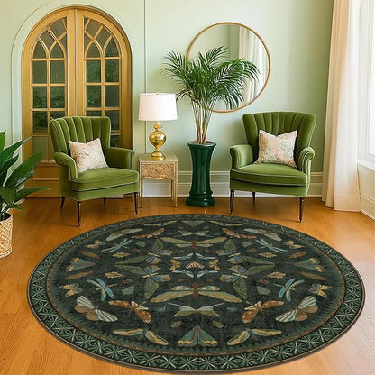 Dark Green Insect 6ft Round Washable Area Rug for Living Room - Non Skid Low Pile & Soft Carpet for Bedroom Beside Bed, Forest Butterfly Design Stain Resistant Home Décor