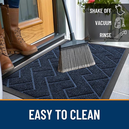 OLANLY Front Door Mat Indoor Outdoor Entrance, Waterproof All-Season, All-Weather Doormat, Sturdy Natural Rubber, Low Profile, Easy Clean Patio Porch Entryway Mat, Herringbone Brick (Blue, 59x35)