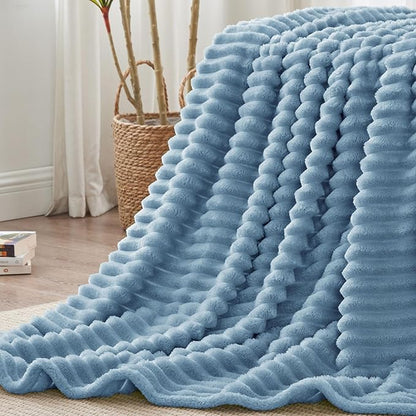 BEDELITE Blankets Queen Size for Bed, 300GSM Soft & Warm Fleece Blanket, Decorative and Giftable Striped Light Blue Blankets for Women, Men, 90"x90"