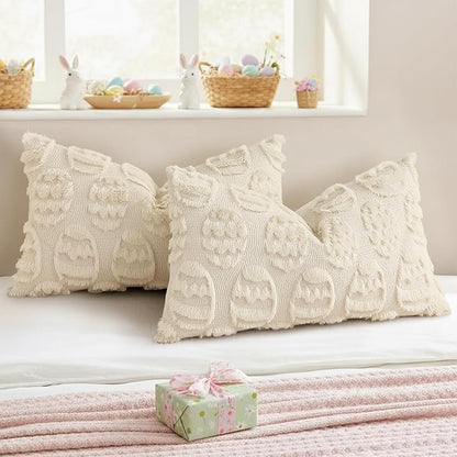 decorUhome Easter Beige Egg Pillow Covers 12x20 Inch Set of 2, Soft Plush Faux Wool Jacquard Cushion Covers, Farmhouse Neutral Fuzzy Spring Easter Holiday Decor for Couch Sofa Bed