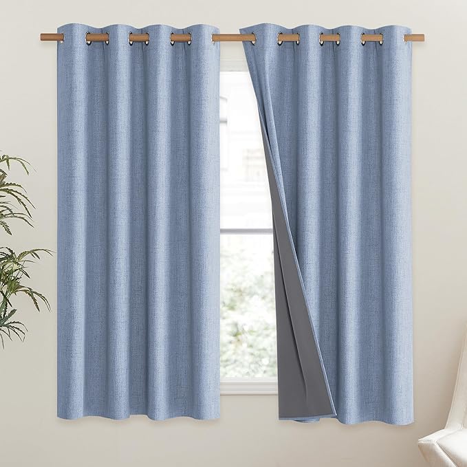 NICETOWN Stone Blue Vintage Linen 100% Blackout Curtains for Living Room, Thermal Insulated Curtains 63" Long, Noise Reducing Window Treatment Drapes for Hall Room, 52" Wide Per Panel, Set of 2