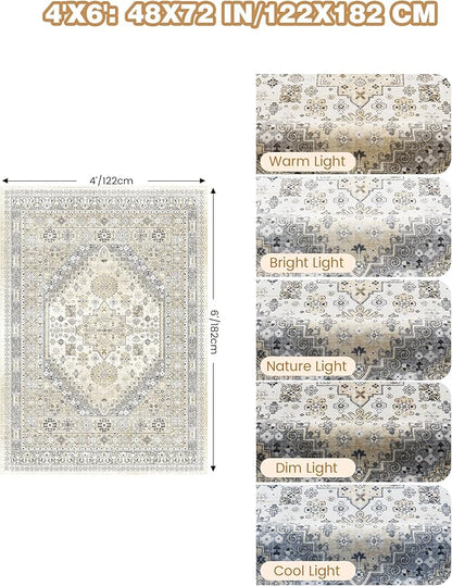4x6 Area Rugs for Living Room, Non-Slip Backing Small Kids Rugs for Bedroom, Vintage Floral Rug Home Decor, Low Pile Soft Washable Rug for Kitchen, Dining Room (Beige,4'x6')