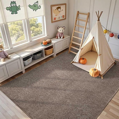 FinRèc 8x10 Washable Area Rugs for Bedroom Living Room, Low Pile Thin Rug Solid Color, Non-Slip Carpet Indoor for Home Decor (Brown)