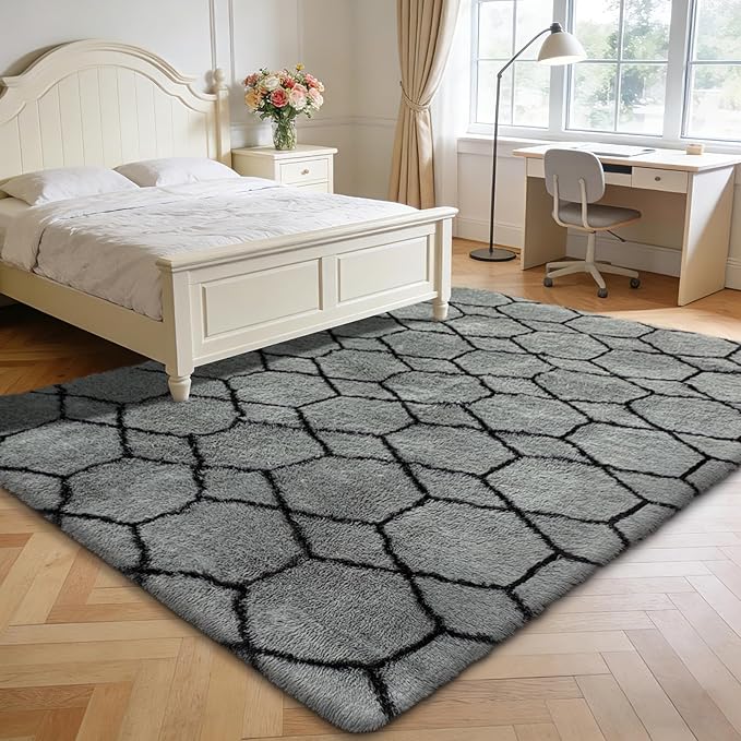 8x10 Fluffy Area Rugs for Living Room,Shag Area Rug for Bedroom,Geometric Soft Fuzzy Rug Non-Shedding Indoor Plush Carpet for Kids Bedroom Nursery Home Decor,Grey and Black