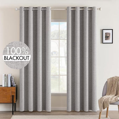 MIULEE Linen Texture 84 Inches Curtains for Bedroom 100% Blackout Thermal Insulated Light Gray Curtains Grommet Room Darkening Drapes for Living Room Nursery 52x84 Inch (2 Panels)