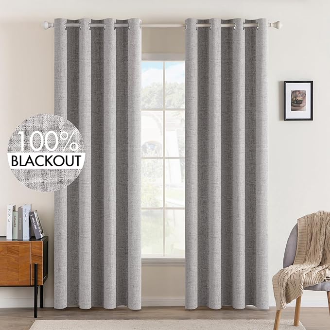 MIULEE Linen Texture Curtains for Bedroom Solid 100% Blackout Thermal Insulated Light Gray Curtains Grommet Room Darkening Drapes for Living Room Nursery 52x96 Inch (2 Panels)