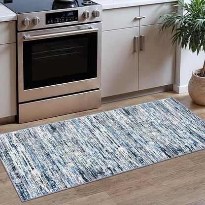 Lansny Modern Abstract Runner Rug 2x5, Grey Blue White Washable Entryway Kitchen Runner Non-Slip Soft Hallway Rug Runner Thin Print Faux Wool Carpet for Bedroom Laundry Room Indoor