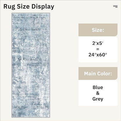 Runner Rug 2x5 Washable Non-Slip Kitchen Runner Rugs for Bathroom Laundry Room Blue/Grey Vintage Floor Carpet Runners for Hallway Entryway