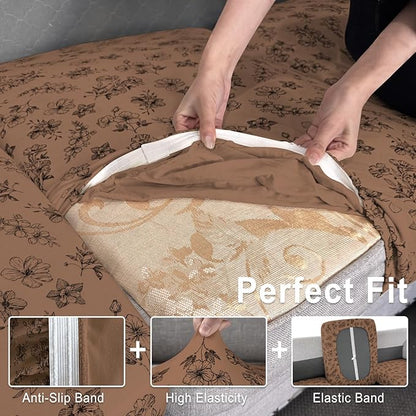 Leather Look Couch Cushion Covers Sofa Seat Slipcovers Sets Couches Furniture Protector for Sectional Armchair Loveseat Pets Kids Stretch Spandex Fabric (3 Cushion Sofa, Brown 01Flower)