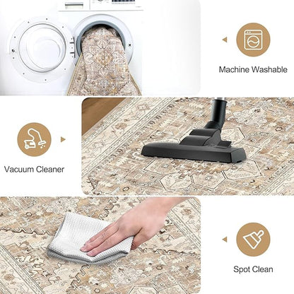 Yamaziot Washable Runner Rug, 2x10 Non-Slip Boho Vintage Hallway Rug Runner with Rubber Backing, Stain Resistant Faux Wool Distressed Carpet Runner for Kitchen, Laundry, Entrance, Beige Brown