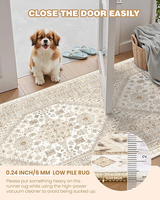 Runner Rug 2x10, Ultra-Thin Kitchen Rugs Non Slip Washable Rugs for Entryway Rug, Kitchen Runner Low Pile Vintage Soft Carpets for Living Room, Bathroom Bedroom (Cream/Beige,2'x10')
