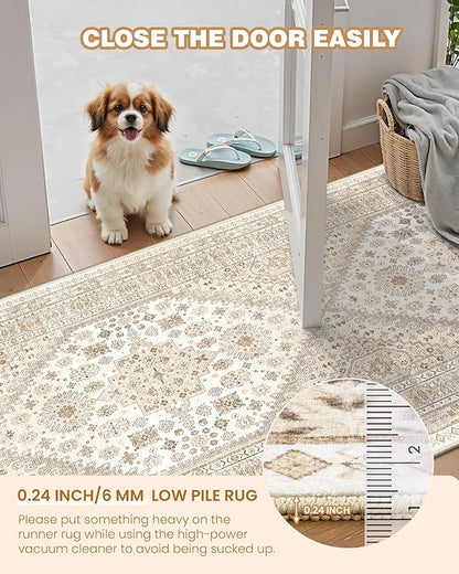 2x5 Rug Runner Washable for Entryway, Soft Bathroom Rugs with Non-Slip Backing,Vintage Low Pile Stair Runner, Small Kitchen Carpet for Hallways, Laundry Room(Cream/Beige,2'x5')