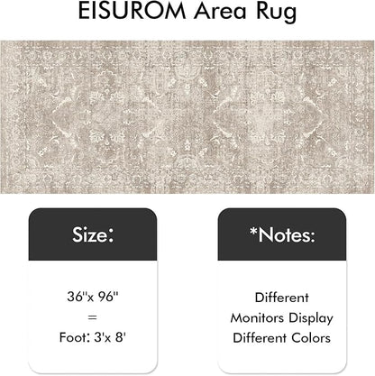 Washable 3x8 Runner Rug - Non-Slip Vintage Runner Rug for Entryway Low-Pile Medallion Long Rugs for Hallway Waterproof Traditional Runner Rug Indoor Thin Rug for Kitchen (Distressed Beige & Ivory)