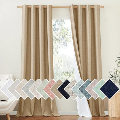 NICETOWN 100% Absolutely Blackout Linen Curtains with Thermal Insulated White Liner, Camel, W52 x L95, 2 Panels, Textured Linen Look Noise Reducing Window Treatments Drapes for Bedroom/Living Room