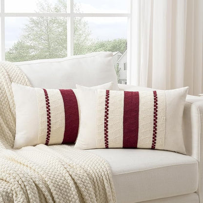 Fancy Homi Set of 1 Burgundy Boho Long Lumbar Decorative Throw Pillow Cover 12x24 Inch for Couch Bed Sofa, Aesthetic Modern Farmhouse Christmas Room Decor, Soft Cotton Cute Wind Red Cushion Case