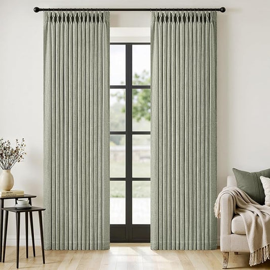 MIULEE Pinch Pleated Thick Linen Curtains 90 Inches Long 2 Panels for Living Room Bedroom, Linen Textured Memory Trained Pleat Drapes Back Tab Light Filtering Sage Green Window Curtains with Hooks