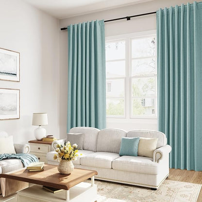Guken 100% Blackout Linen Curtains 102 Inch Length 2 Panels Set for Living Room Bedroom Back Tab Thermal Insulated Black Out Linen Drapes Room Darkening Window Curtains,Light Blue