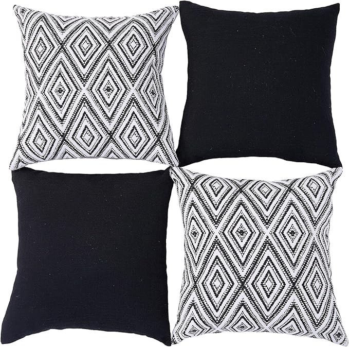 HPUK Decorative Throw Pillow Covers Set of 4 Geometric Design Linen Cushion Cover for Couch Sofa Living Room, 20"x20" inches, Black