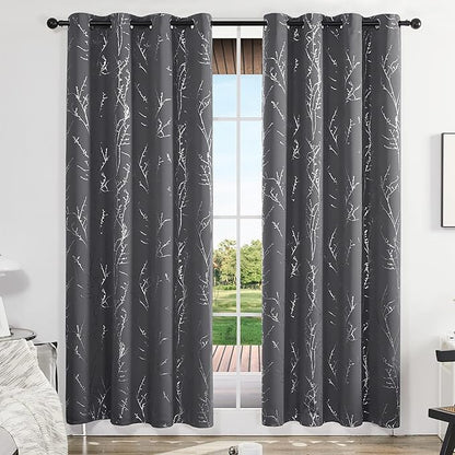 Deconovo Grey Blackout Curtains for Living Room, Thermal Insulated Soundproof Drapes, Branch Foil Print, 52 x 108 Inch Long, 2 Panels, Machine‑Washable Privacy Window Panel for Bedroom Sliding Door