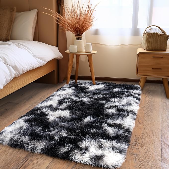 Pionblank Fluffy Small Rug for Bedroom 2x3 Feet, Shag Soft Area Rug, Modern Plush Carpet, Furry Cute Bedside Rug for Kids Girls Boys Room Nursery Decor, Black White