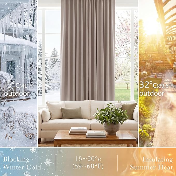 PONY DANCE Blackout Curtains Thermal Insulated Window Treatment Panels Room Darkening Blackout Drapes for Living Room Back Tab/Rod Pocket Bedroom Draperies, 42x54 Inch, Light Taupe, 2 Panels
