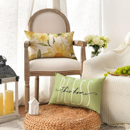 AVOIN colorlife Home Sweet Home Spring Summer Flowers Green Throw Pillow Covers, 12 x 20 Inch Cushion Case for Sofa Couch Set of 4