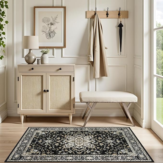 2x3 Area Rugs Living Room Rug: Washable Vintage Boho Medallion Rug No Slip Stain Resistant Soft Carpet Indoor Large Carpets for Bedroom Dining Room Farmhouse Nursery Hallway Home Office Black Gold