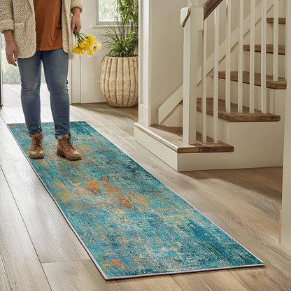 Washable Area Rugs 2'x6' Non-Slip Modern Abstract Soft for Living Room Entryway Bedroom Nursery, Print Pattern, Teal Blue Green Orange Rust Red Coloreful