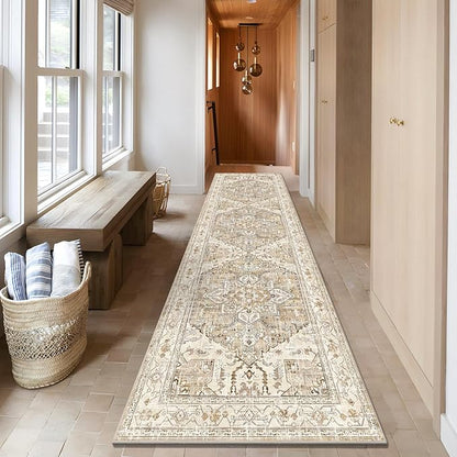 Yamaziot Washable Runner Rug, 3x10 Non-Slip Boho Vintage Hallway Rug with Rubber Backing, Low Pile Faux Wool Distressed Carpet Runner for Bedroom, Kitchen, Laundry, Entrance