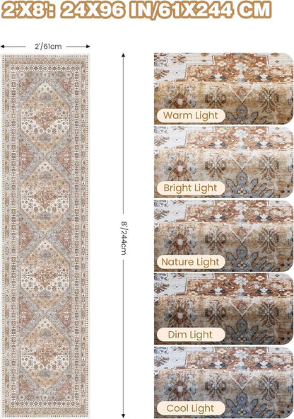 Runner Rug 2x8 Runners for Hallways Non Slip Washable, Vintage Hallway Runner Rugs for Living Room, Low Pile Soft Hallway Rug for Kitchen Bedroom Laundry Room Rug(Orange,2'x8')
